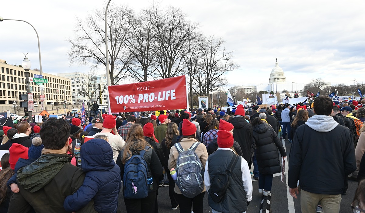 Catholic University students walk toward the Capitol building during the March for Life.